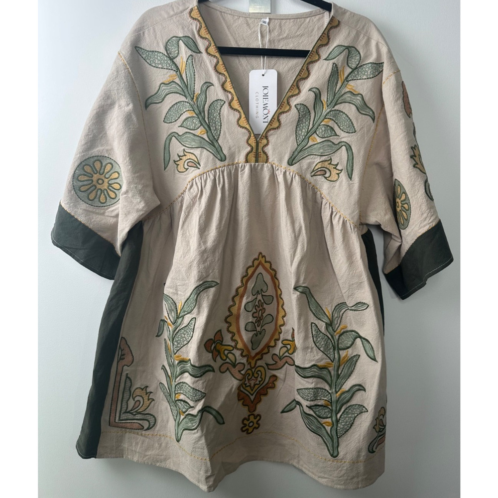 NEW Joiemont Embroidered Kimono Sleeve Baby doll Dress XS Olive Beach Boho D18 - Picture 3 of 10